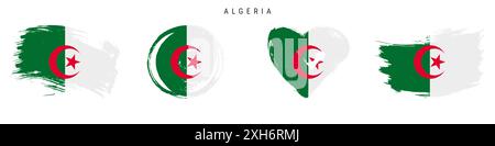 Handgezeichnetes Flaggenset Algerien im Grunge-Stil. Algerisches Banner in offiziellen Farben. Freier Pinsel, Kontur, Kreis- und Herzform. Flache Abbildung Stockfoto