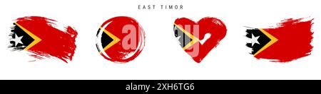 Osttimor handgezeichnete Flaggensymbole im Grunge-Stil. Timor-Leste-Banner in offiziellen Farben. Freier Pinsel, Kontur, Kreis- und Herzform. Flache Beleuchtung Stockfoto