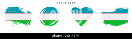 Usbekistan Hand gezeichnete Grunge-Flaggen-Symbol-Set. Usbekische Banner in offiziellen Farben. Freier Pinsel, Kontur, Kreis- und Herzform. Flache Abbildung Stockfoto