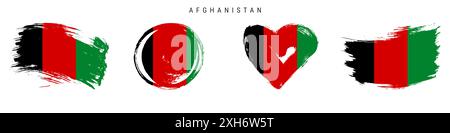 Afghanistan handgezeichnete Flagge im Grunge-Stil. Afghanisches Banner in offiziellen Farben. Freier Pinsel, Kontur, Kreis- und Herzform. Flache Illustraten Stockfoto