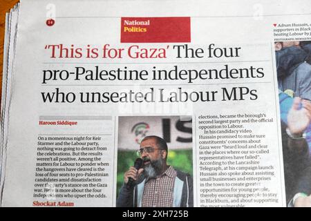 "Das ist für Gaza" die vier palästinensischen unabhängigen Abgeordneten, die die Zeitung Guardian der Labour-Abgeordneten aus dem Amt entlassen haben, überschrieben den politischen artikel 8. Juli 2024 London Großbritannien Stockfoto