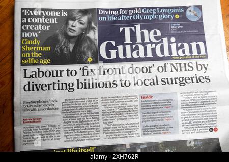 'Arbeit, um 'Vordertür' des NHS zu reparieren, indem Milliarden an lokale Operationen umgeleitet werden' Guardian Zeitung Schlagzeile Titelseite Gesundheit artikel 9 Juli 2024 Großbritannien Stockfoto