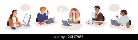 Schüler mit Laptops. Menschen arbeiten an Computern. Online-Schulungsprozess. Hochschulpersonen unterrichten Vorträge. Frau, die am Schreibtisch sitzt. Mann liest Buch. Sch Stock Vektor