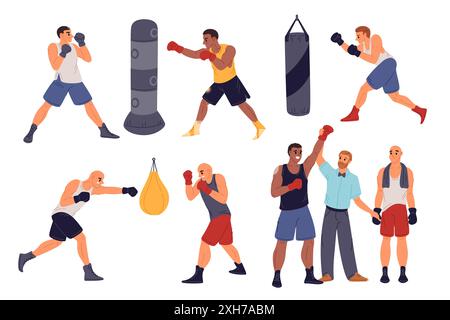 Boxer trainieren. Athleten in Uniform schlagen Boxsack. Nehmen Sie am Sparring Teil. Schiedsrichter gibt den Boxsieger bekannt. Kampf gegen den Wettkampfsport. Kämpfer Agave Stock Vektor