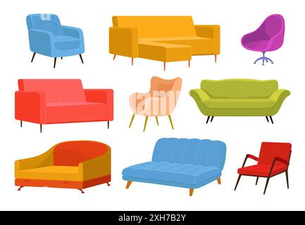 Sofas und Sofas. Polstermöbel. Innenelemente. Weiche Sitze aus Leder oder Stoff. Wohnzimmereinrichtung. Komfortable Lounges. Classic und Stock Vektor