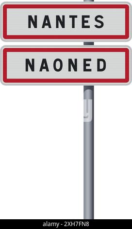 Vektor-Illustration der Stadt Nantes, Naoned in Breton (Frankreich) Eingang Straßenschild auf Metallmast Stock Vektor