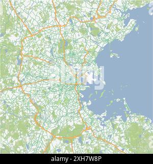 Road map of Boston in Massachusetts. Contains layered vector with roads water, parks, etc. Stock Vektor