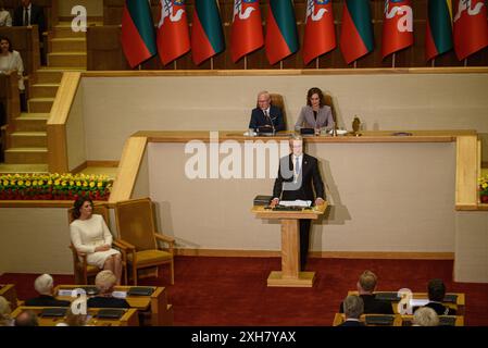 Vilnius, Litauen. Juli 2024. Der für eine zweite Amtszeit gewählte litauische Präsident Gitanas Nauseda spricht während der Einweihungszeremonie im litauischen parlament Credit: SOPA Images Limited/Alamy Live News Stockfoto