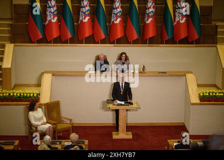 Vilnius, Litauen. Juli 2024. Der für eine zweite Amtszeit gewählte litauische Präsident Gitanas Nauseda spricht während der Einweihungszeremonie im litauischen parlament Credit: SOPA Images Limited/Alamy Live News Stockfoto