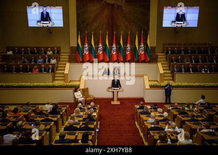 Vilnius, Litauen. Juli 2024. Der für eine zweite Amtszeit gewählte litauische Präsident Gitanas Nauseda spricht während der Einweihungszeremonie im litauischen parlament Credit: SOPA Images Limited/Alamy Live News Stockfoto