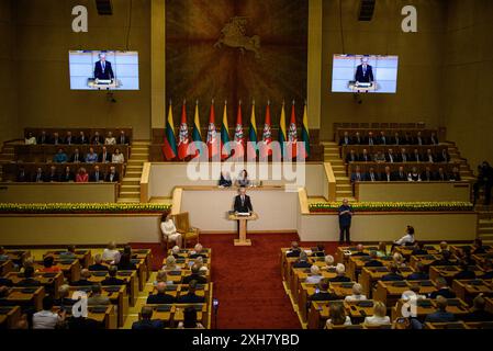 Vilnius, Litauen. Juli 2024. Der für eine zweite Amtszeit gewählte litauische Präsident Gitanas Nauseda spricht während der Einweihungszeremonie im litauischen parlament Credit: SOPA Images Limited/Alamy Live News Stockfoto