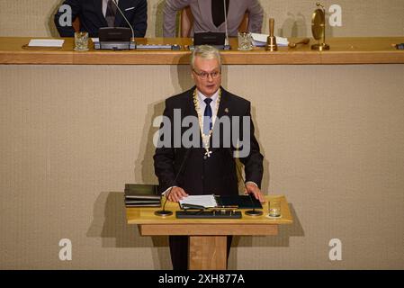 Vilnius, Litauen. Juli 2024. Der für eine zweite Amtszeit gewählte litauische Präsident Gitanas Nauseda spricht während der Einweihungszeremonie im litauischen parlament (Foto: Yauhen Yerchak/SOPA Images/SIPA USA). Credit: SIPA USA/Alamy Live News Stockfoto