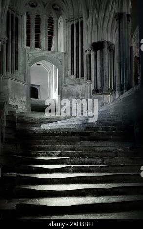 Wells Cathedral. Die alteingesessenen Steinstufen des Kapitels House, bekannt als das Meer der Schritte. Somerset, England Stockfoto