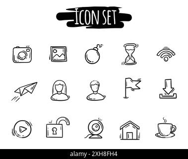 Vektorsatz mit einfachen handgezeichneten Social-Media-Symbolen. Schilder und Symbole für soziale Medien, Websites, Anwendungen, Designs Stock Vektor