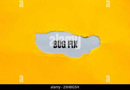 Fehlerbehebungsmeldung auf gerissenem gelbem Papier mit grauem Hintergrund geschrieben. Symbol für konzeptionelle Fehlerbehebungen. Kopierbereich. Stockfoto