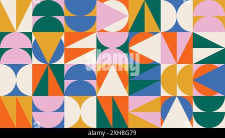 Geometrischer farbenfroher Hintergrund mit bunten Bauhausformen und -Figuren. Abstraktes minimalistisches Muster im skandinavischen Stil Stock Vektor