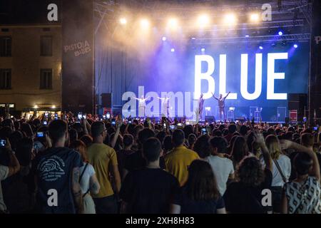 Pistoia, Italien. Juli 2024. Lee Ryan, Duncan James, Antony Costa und Simon Webbe von Blue treten am 5. Juli 2024 live in Pistoia auf, Italien, beim 43? Pistoia Blues auf der Piazza Duomo. (Foto: Andrea Martini/NurPhoto)0 Credit: NurPhoto SRL/Alamy Live News Stockfoto