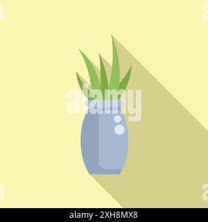 Grüne Aloe Vera Pflanze wächst in einem blauen Topf auf gelbem Hintergrund mit langem Schatten Stock Vektor