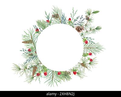 Weihnachtskranz mit Tannenzapfen, Beeren, Kräutern, immergrünen Zweigen. Fichte, Lärche, Kegel und Johanniskraut. Aquarellabbildung. Stockfoto