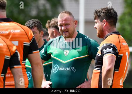 Port Talbot, Wales. 6. Juli 2024. Sion Wright von Aberavon kämpfte Iren während des Spiels der JES Group Rugby League zwischen Aberavon Fighting Irish und Torfaen Tigers beim Aberavon Harlequins RFC in Port Talbot, Wales, Großbritannien am 6. Juli 2024. Quelle: Duncan Thomas/Majestic Media. Stockfoto