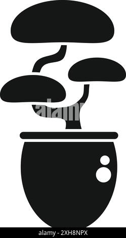 Schwarze Glyphe, die einen kleinen Bonsaibaum darstellt, der in einem Tontopf wächst, für Pflanzenliebhaber Stock Vektor
