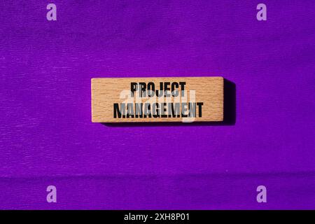 Projektmanagementnachricht auf Holzblöcken mit violettem Hintergrund. Symbol für konzeptionelles Projektmanagement. Kopierbereich. Stockfoto