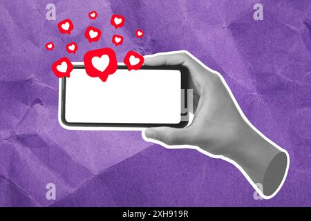 Kunstcollage mit Smartphone in der Hand des Mannes auf zerknittertem Papierhintergrund. Benachrichtigungen, bei denen Herzen aus dem Gerät fliegen. Soziale Medien, Kommunikation, p Stockfoto