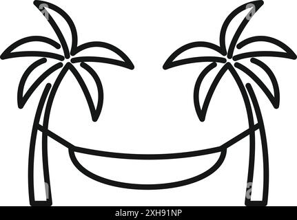 Die Strichkunst-Ikone einer Hängematte, die zwischen zwei Palmen hängt, erinnert an einen entspannten Sommerurlaub Stock Vektor