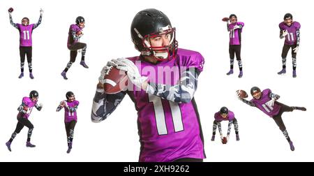 Set von American Football-Spielern auf weißem Hintergrund Stockfoto