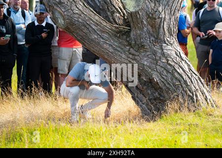 North Berwick, Schottland, Großbritannien. Juli 2024. Tag zwei bei den Genesis Scottish Open auf dem Renaissance-Kurs außerhalb von North Berwick in East Lothian. Rory McElroy untersucht seinen Ball, der neben einem Baum aus seinem Abschlag auf das 11. Loch endete. Er hat einen Tropfen geworfen und einen Schuss auf das Loch geworfen. Iain Masterton/Alamy Live News Stockfoto