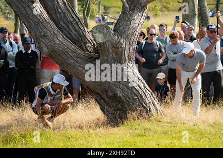North Berwick, Schottland, Großbritannien. Juli 2024. Tag zwei bei den Genesis Scottish Open auf dem Renaissance-Kurs außerhalb von North Berwick in East Lothian. Rory McElroy untersucht seinen Ball, der neben einem Baum aus seinem Abschlag auf das 11. Loch endete. Er hat einen Tropfen geworfen und einen Schuss auf das Loch geworfen. Iain Masterton/Alamy Live News Stockfoto