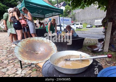 Jachymov, Tschechische Republik. Juli 2024. Fünf Jahre, seit das Bergbaugebiet Erzgebirge in die UNESCO aufgenommen wurde. Bildschule Goldpanning in Jachymov, Tschechische Republik, 12. Juli 2024. Quelle: Slavomir Kubes/CTK Photo/Alamy Live News Stockfoto