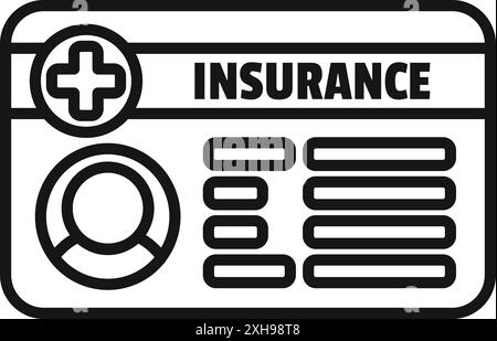 Einfaches Schwarzweiß-Symbol einer Versicherungskarte, das die Krankenversicherung, Patientendaten und medizinische Abrechnung darstellt Stock Vektor