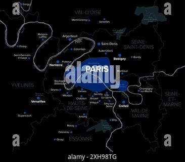 Paris, Département und Hauptstadt Frankreichs, dunkle politische Karte. Petite Couronne, der innere Ring, ein Teil der Ile-de-France, gebildet von drei Departements. Stockfoto