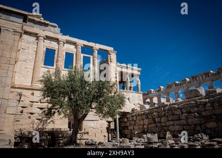 Porch of the Maidens, Caryatid Porch, oder Korai Porch, eine Prostyle Tetrastyle Porch, oder Pteron, mit sechs plastischen weiblichen Figuren als Stützen, alle faci Stockfoto