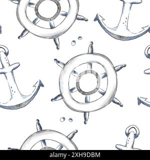 Dieses handgezeichnete nautische Design mit Schiffsrädern und Ankern ist ideal für maritimes Dekor und Ästhetik Stockfoto