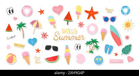 Aufkleber oder Zeichentricksymbole auf weißem Hintergrund. Ein Set Sommeraufkleber. Stock Vektor