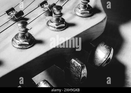 Nahaufnahme von einem alten Vintage-Gitarrenstock, voll mit Staub. In Schwarzweiß. Stockfoto