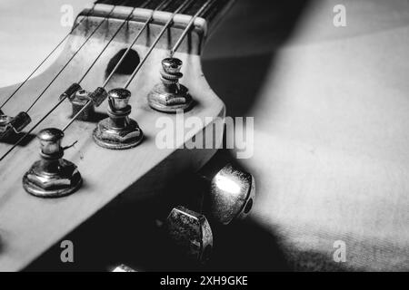 Nahaufnahme von einem alten Vintage-Gitarrenstock, voll mit Staub. In Schwarzweiß. Stockfoto