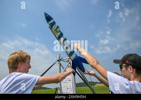 Brünn, Tschechische Republik. Juli 2024. Die Czech Rocket Challenge 2024 ist ein Studentenwettbewerb in Brünn, Tschechische Republik, am 12. Juli 2024. Organisiert von der Tschechischen Raketengesellschaft. Von Studenten für Studenten. Quelle: Vaclav Salek/CTK Photo/Alamy Live News Stockfoto