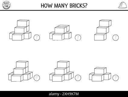 3D-Zählung auf der Baustelle Schwarzweiß-Spiel mit Ziegeln. Mathematische und logische Aktivität für Kinder mit Baumaterial. Bildungs- und Bewertungsarbeit Stock Vektor