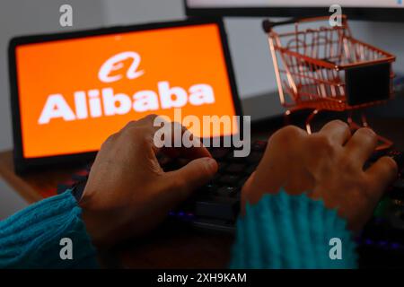 Paraguay. Juli 2024. In dieser Fotoabbildung gibt eine Person in der Nähe des Alibaba-Logos ein, das auf dem Bildschirm eines Tablets angezeigt wird. (Foto von Jaque Silva/SOPA Images/SIPA USA) *** ausschließlich für redaktionelle Nachrichten *** Credit: SIPA USA/Alamy Live News Stockfoto