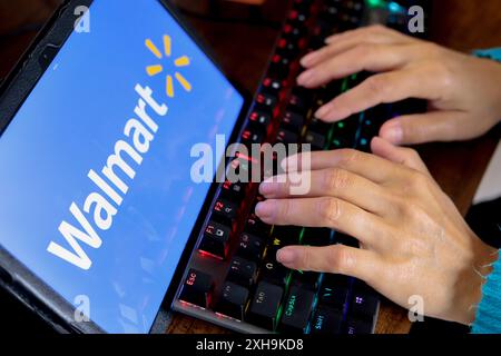 Paraguay. Juli 2024. In dieser Fotoabbildung gibt eine Person neben dem Walmart-Logo ein, das auf dem Bildschirm eines Tablets angezeigt wird. (Credit Image: © Jaque Silva/SOPA Images via ZUMA Press Wire) NUR REDAKTIONELLE VERWENDUNG! Nicht für kommerzielle ZWECKE! Stockfoto