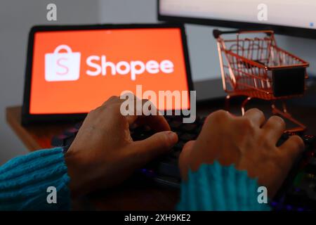 Paraguay. Juli 2024. In dieser Fotoabbildung gibt eine Person in der Nähe des Shopee-Logos ein, das auf dem Bildschirm eines Tablets angezeigt wird. (Foto von Jaque Silva/SOPA Images/SIPA USA) *** ausschließlich für redaktionelle Nachrichten *** Credit: SIPA USA/Alamy Live News Stockfoto