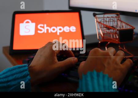 Paraguay. Juli 2024. In dieser Fotoabbildung gibt eine Person in der Nähe des Shopee-Logos ein, das auf dem Bildschirm eines Tablets angezeigt wird. (Credit Image: © Jaque Silva/SOPA Images via ZUMA Press Wire) NUR REDAKTIONELLE VERWENDUNG! Nicht für kommerzielle ZWECKE! Stockfoto