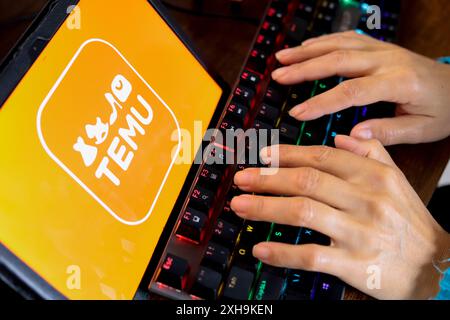 Paraguay. Juli 2024. In dieser Fotoabbildung gibt eine Person neben dem Temu-Logo ein, das auf dem Bildschirm eines Tablets angezeigt wird. (Credit Image: © Jaque Silva/SOPA Images via ZUMA Press Wire) NUR REDAKTIONELLE VERWENDUNG! Nicht für kommerzielle ZWECKE! Stockfoto