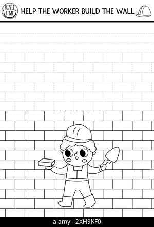 Übung zum Zeichnen und Schreiben auf der Baustelle in Schwarz-weiß. Bauarbeiten Puzzle. Druckbares Arbeitsblatt, Spiel, Ausmalseite für Kinder mit Stock Vektor