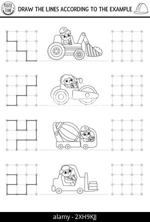 Baustelle Schwarzweiß Zeichnen, Schreiben, Nachverfolgen von Aktivitäten für Kinder mit speziellen Lkws. Zeichnen Sie die Linien in einem quadratischen Feld gemäß dem Beispiel. Stock Vektor