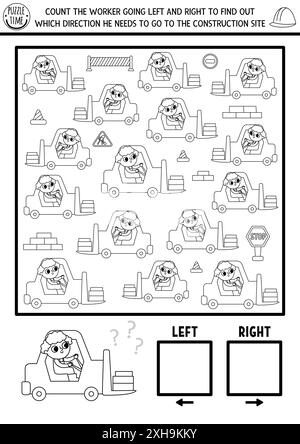 Baustellenlogikspiel Schwarz-weiß mit rechts-links-Konzept für Kinder. Ich spioniere auf der Suche nach Aktivitäten mit dem Gabelstapler. Industrie Stock Vektor
