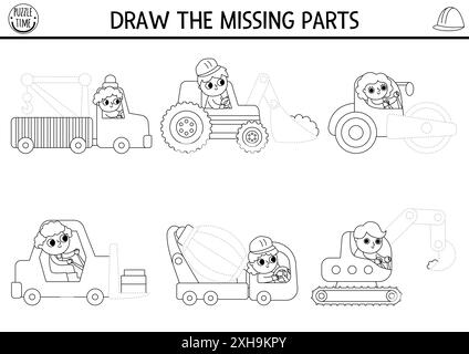 Baustelle schwarz-weiß Zeichnen, Schreiben, Nachverfolgen für Kinder mit speziellen Autos, LKWs und fehlenden Ersatzteilen. Bauarbeiten printa Stock Vektor